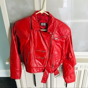 Red leather moto/biker jacket.
